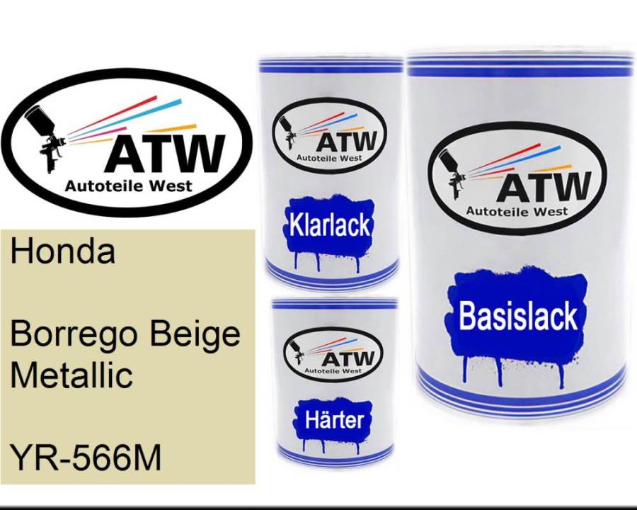 Honda, Borrego Beige Metallic, YR-566M: 500ml Lackdose + 500ml Klarlack + 250ml Härter - Set, von ATW Autoteile West.
